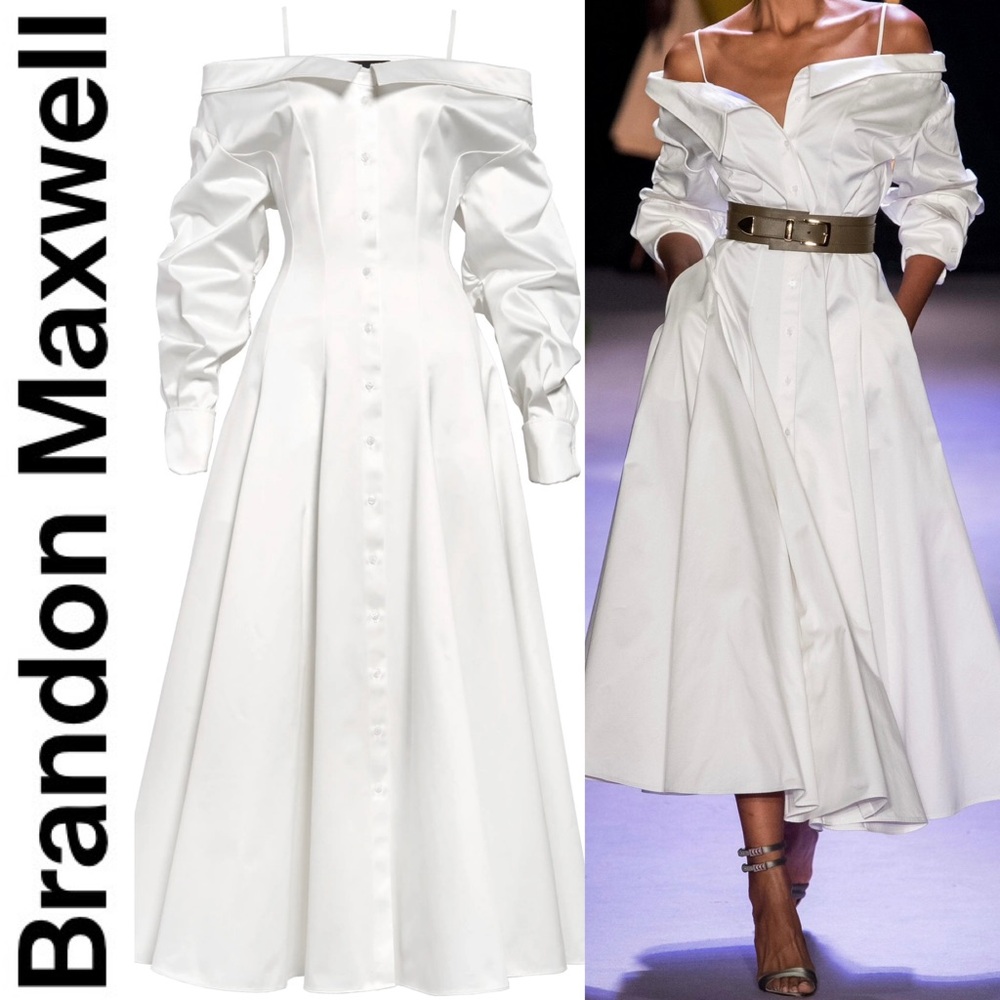 BRANDON MAXWELL Off-The-Shoulder Cotton Midi Shirt Dress